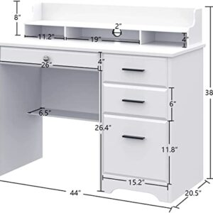 White Desk with Drawers and Storage, Home Office Desk Computer Desk with 4 Drawers & Hutch, Home Desk Small White Desk with Drawers for Bedroom, Home Office, White