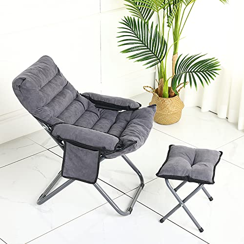 Faytn Living Room Lazy Chair with Ottoman, Foldable Lounge Reclining Armchair Comfy Chair with Side Pocket Footrest for Bedroom/Office/Hosting, Grey