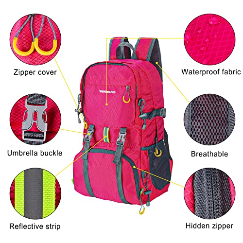 WEREWOLVES Lightweight Waterproof Foldable Small Backpack - Water Resistant Hiking Daypack for Outdoor Camping Travel (35L, Fuschia)