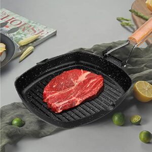 MasonOL20 Non-stick Grill Pan with Folding Handle for Meat, Fish and Vegetables For All Heat Sources 24cm/9.4IN for Stove Tops, Induction, Black