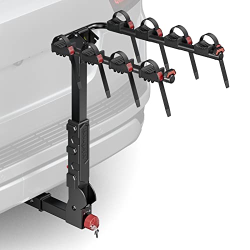 BougeRV Hitch Bike Rack Locking Feature Easy Assembly with 2'' Hitch Receiver, Foldable 4-Bike Hitch Carrier Rack for Car, Pull for Trunk Access, fit for SUV and Truck (165LB Capacity)