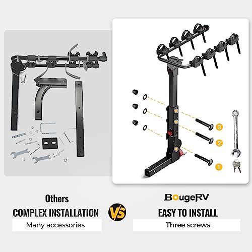 BougeRV Hitch Bike Rack Locking Feature Easy Assembly with 2'' Hitch Receiver, Foldable 4-Bike Hitch Carrier Rack for Car, Pull for Trunk Access, fit for SUV and Truck (165LB Capacity)