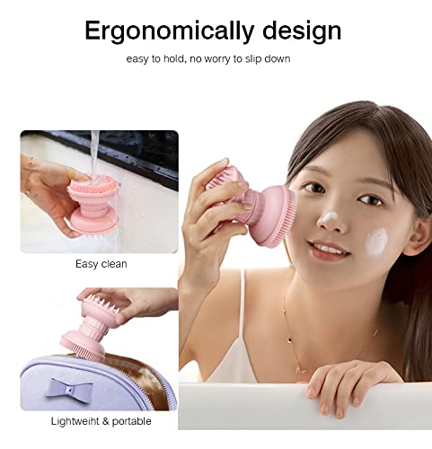 MYCOMBO Exfoliating Silicone Body Scrubber Easy to Clean, 2 in 1 Bath and Shampoo Brush, Scalp Massager, Lathers Well, Long Lasting, And More Hygienic Than Traditional Loofah (Pink)