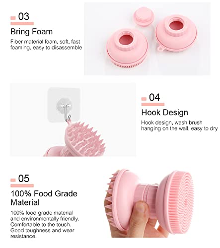 MYCOMBO Exfoliating Silicone Body Scrubber Easy to Clean, 2 in 1 Bath and Shampoo Brush, Scalp Massager, Lathers Well, Long Lasting, And More Hygienic Than Traditional Loofah (Pink)