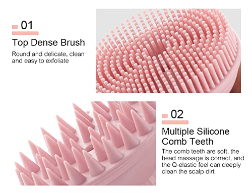 MYCOMBO Exfoliating Silicone Body Scrubber Easy to Clean, 2 in 1 Bath and Shampoo Brush, Scalp Massager, Lathers Well, Long Lasting, And More Hygienic Than Traditional Loofah (Pink)