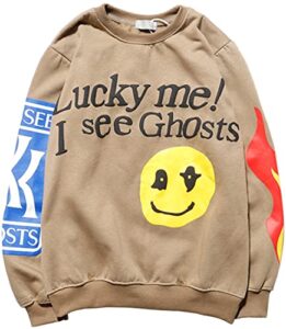 winkeey unisex lucky me i see ghosts crewneck sweatshirt hip pop long sleeve pullover tops for men (m,khaki)