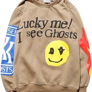 WINKEEY Unisex Lucky Me I See Ghosts Crewneck Sweatshirt Hip Pop Long Sleeve Pullover Tops for Men (M,Khaki)