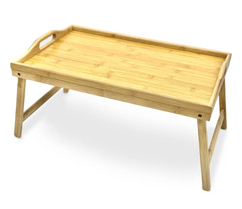 Bam & Boo - Large Natural Bamboo Bed Tray Table With Folding Legs For Eating, Working, Serving, and Organizing (20" x 13")