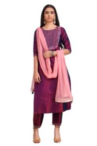 dreamangel fashion womens art silk embroidered kurta trouser and dupatta (x-large, darkpurple)