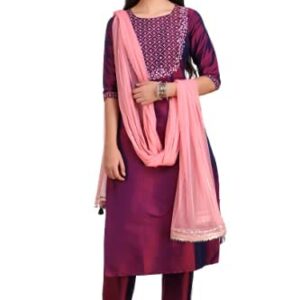 DREAMANGEL FASHION Womens Art Silk Embroidered Kurta Trouser and Dupatta (X-Large, DarkPurple)