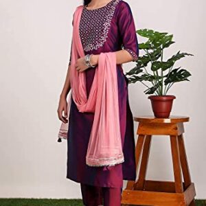 DREAMANGEL FASHION Womens Art Silk Embroidered Kurta Trouser and Dupatta (X-Large, DarkPurple)