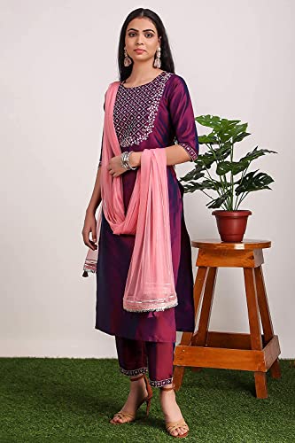 DREAMANGEL FASHION Womens Art Silk Embroidered Kurta Trouser and Dupatta (X-Large, DarkPurple)