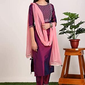 DREAMANGEL FASHION Womens Art Silk Embroidered Kurta Trouser and Dupatta (X-Large, DarkPurple)