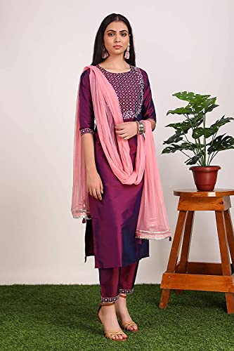 DREAMANGEL FASHION Womens Art Silk Embroidered Kurta Trouser and Dupatta (X-Large, DarkPurple)