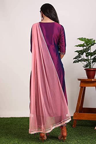 DREAMANGEL FASHION Womens Art Silk Embroidered Kurta Trouser and Dupatta (X-Large, DarkPurple)