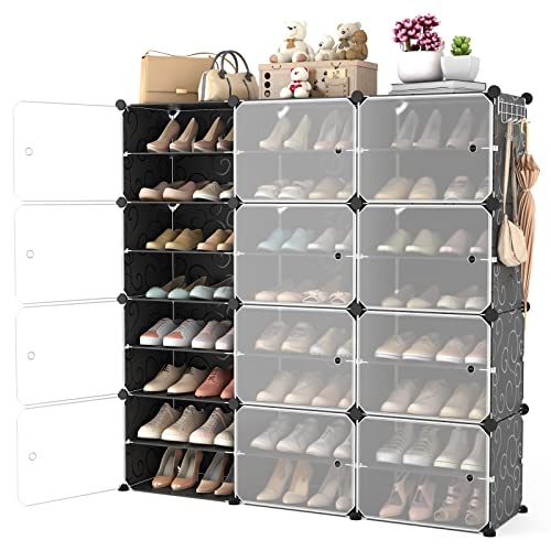 WEXCISE Portable Shoe Rack Organizer with Door, 48 Pairs Shoe Storage Cabinet Easy Assembly, Plastic Adjustable Shoe Organizer Stackable Detachable Free Standing Shoe Rack DIY Expandable 8 Tier Black