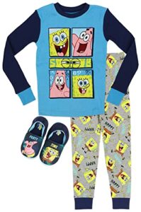 spongebob squarepants boys 2 piece pajama set with slippers, size 10 navy