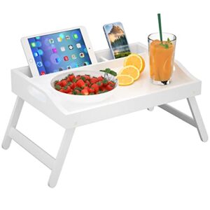 bed tray table with handles folding legs bamboo breakfast food tray with media slot for platters,laptop desk,snack,tv tray kitchen serving tray