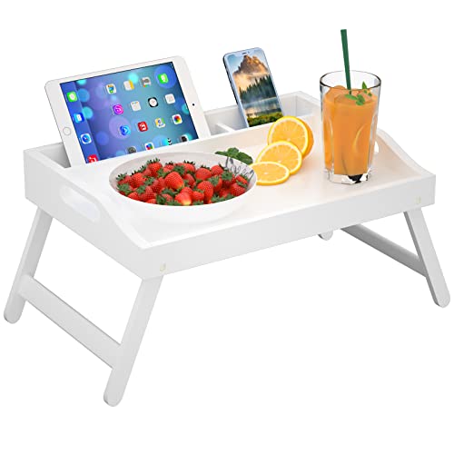 Bed Tray Table with Handles Folding Legs Bamboo Breakfast Food Tray with Media Slot for Platters,Laptop Desk,Snack,TV Tray Kitchen Serving Tray