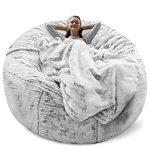 RAINBEAN Bean Bag Chair Cover(it was only a Cover, not a Full Bean Bag) Chair Cushion, Big Round Soft Fluffy PV Velvet Sofa Bed Cover, Living Room Furniture, Lazy Sofa Bed Cover,5ft Snow Gray