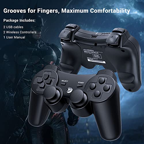 Controller 2 Pack for PS3 Wireless Controller for Sony Playstation 3, Double Shock 3, Bluetooth, Rechargeable, Motion Sensor, 360° Analog Joysticks, Remote for PS3, 2 USB Charging Cords, Black