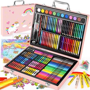 soucolor arts and crafts supplies, 183-pack drawing painting set for kids girls boys teens, coloring art kit gift case: crayons, oil pastels, watercolors cake, colored pencils markers, sketch paper
