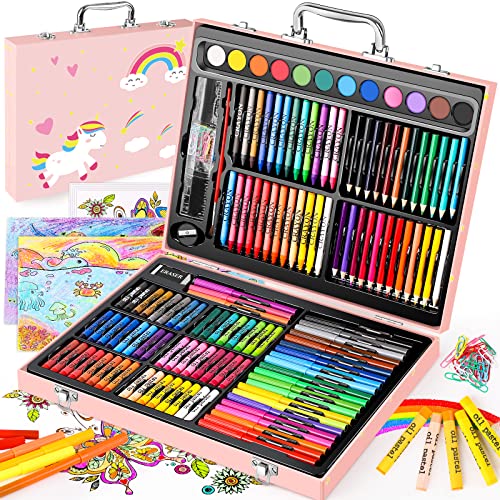 Soucolor Arts and Crafts Supplies, 183-Pack Drawing Painting Set for Kids Girls Boys Teens, Coloring Art Kit Gift Case: Crayons, Oil Pastels, Watercolors Cake, Colored Pencils Markers, Sketch Paper