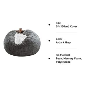 RAINBEAN Bean Bag Chair Cover(it was only a Cover, not a Full Bean Bag), Big Round Soft Fluffy PV Velvet Sofa Bed Cover, Living Room Furniture, Lazy Sofa Bed Cover,5ft dark grey(Cover only,No Filler).