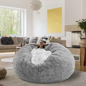 RAINBEAN Bean Bag Chair Cover(it was only a Cover, not a Full Bean Bag) Chair Cushion, Big Round Soft Fluffy PV Velvet Sofa Bed Cover, Living Room Furniture, Lazy Sofa Bed Cover,5ft Snow Gray
