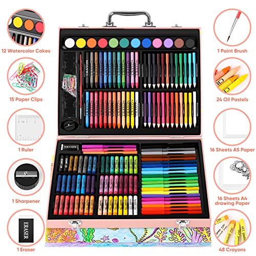 Soucolor Arts and Crafts Supplies, 183-Pack Drawing Painting Set for Kids Girls Boys Teens, Coloring Art Kit Gift Case: Crayons, Oil Pastels, Watercolors Cake, Colored Pencils Markers, Sketch Paper