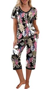 prinstory women's pajama set short sleeve shirt and capri pants sleepwear pjs sets with pockets fp-big leaf pink-large