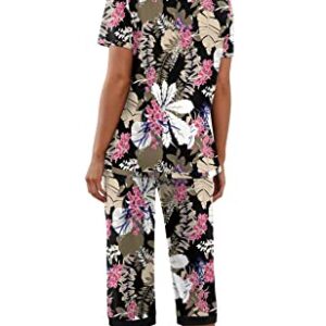 PrinStory Women's Pajama Set Short Sleeve Shirt and Capri Pants Sleepwear Pjs Sets with Pockets FP-Big Leaf Pink-Large