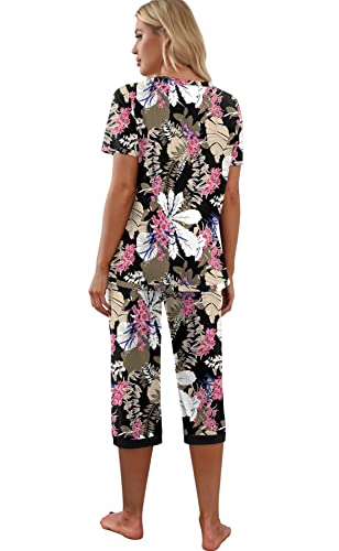 PrinStory Women's Pajama Set Short Sleeve Shirt and Capri Pants Sleepwear Pjs Sets with Pockets FP-Big Leaf Pink-Large