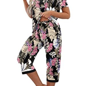 PrinStory Women's Pajama Set Short Sleeve Shirt and Capri Pants Sleepwear Pjs Sets with Pockets FP-Big Leaf Pink-Large