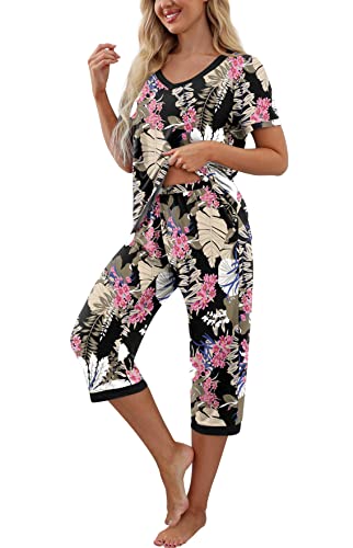 PrinStory Women's Pajama Set Short Sleeve Shirt and Capri Pants Sleepwear Pjs Sets with Pockets FP-Big Leaf Pink-Large