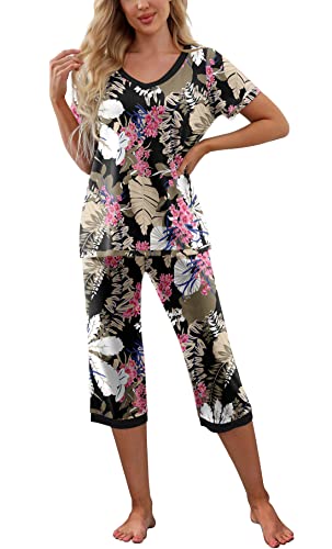 PrinStory Women's Pajama Set Short Sleeve Shirt and Capri Pants Sleepwear Pjs Sets with Pockets FP-Big Leaf Pink-Large