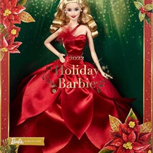 Barbie Signature 2022 Holiday Barbie Doll (Blonde Wavy Hair) with Doll Stand, Collectible Gift for Kids Ages 6 Years Old and Up