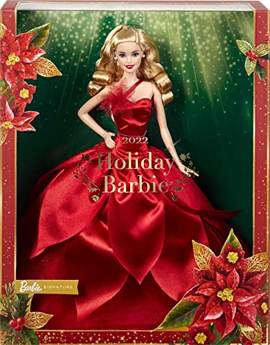 Barbie Signature 2022 Holiday Barbie Doll (Blonde Wavy Hair) with Doll Stand, Collectible Gift for Kids Ages 6 Years Old and Up