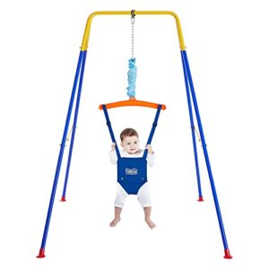 funlio baby jumper with stand for 6-24 months, infant jumper for indoor/outdoor play, toddler jumper for baby girl/boy, with adjustable chain, easy to assemble & store (with stand)