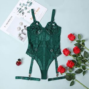 Women One Piece Lingerie With Garter Belt Strappy Teddy with Suspender Naughty Lace Bodysuit (Dark Green, M)