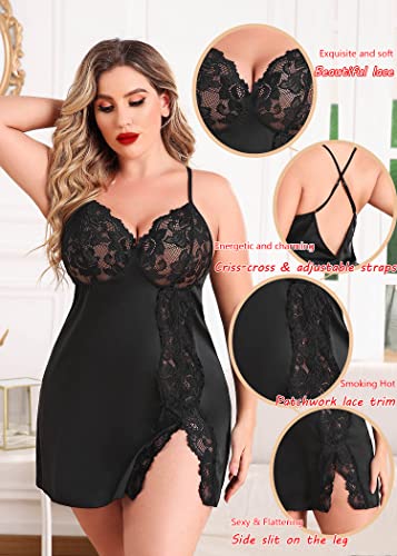 Avidlove Sexy Plus Size Lingerie Satin Lace Babydoll Mesh Strap Chemise Halter V Neck Black 22W