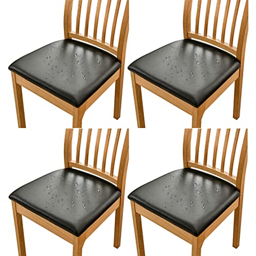 HAOYONG Chair Seat Covers Set of 4 PU Chair Covers for Dining Room Chair Covers Waterproof Chair Cushion Cover Kitchen Dining Seat Slipcovers Removable Upholstered Chair Protector Slipcover(Black)