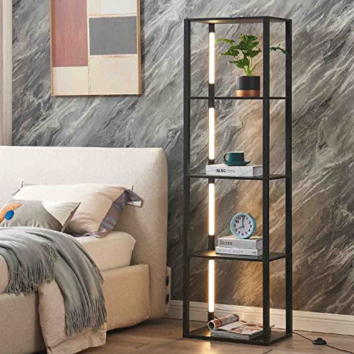 FENLO Fancy Plus 64" Display Shelf with Dimmable LED Floor Lamps, Sturdy Display Cabinet with Shelves for Bedroom, Open Bookshelf Display Case with Corner Curio Cabinet, 3 Brightness Levels, Black