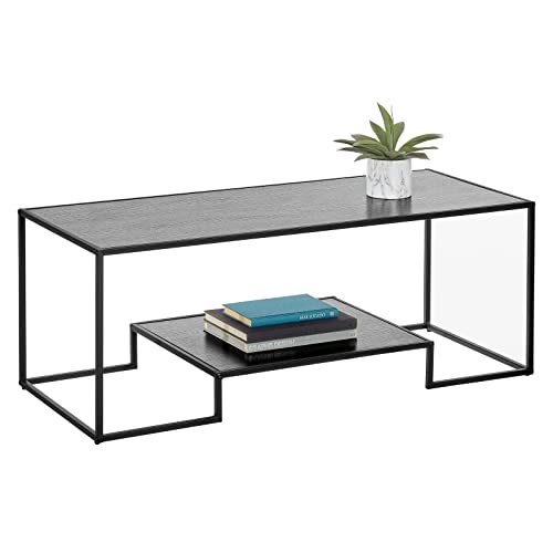 mDesign Living Room Coffee Table with Shelf - Large Rustic Rectangle Coffee Table Metal Furniture Unit with Inlay Water-Resistant Top for Living Room, Basement, Home Office, or Bedroom - Black/Black