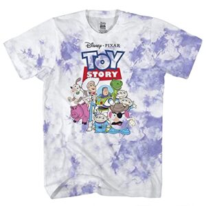mens toy story group shirt - woody, buzz lightyear, rex & pizza planet - throwback classic tie dye t-shirt (lavender wash, x-large)