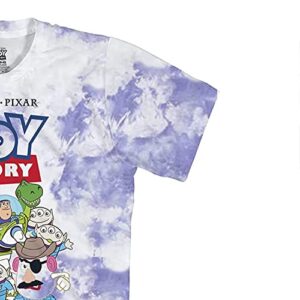 Mens Toy Story Group Shirt - Woody, Buzz Lightyear, Rex & Pizza Planet - Throwback Classic Tie Dye T-Shirt (Lavender Wash, X-Large)