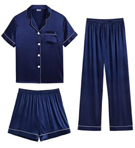 swomog women's 3 pcs pajamas sets silk satin sleepwear button down loungewear short sleeve shirt pjs navy blue