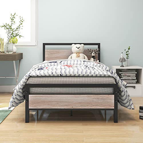 HOJINLINERO Twin Bed Frames with Wood Headboard,Metal Twin Platform Bed Frame No Box Spring Needed,Heavy Duty Steel Slats,No Noise,Natural Oak