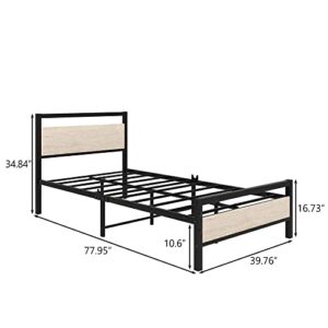 HOJINLINERO Twin Bed Frames with Wood Headboard,Metal Twin Platform Bed Frame No Box Spring Needed,Heavy Duty Steel Slats,No Noise,Natural Oak