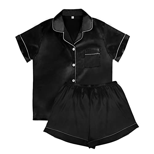 Mannice Women's Silk Satin Pajama Set Summer Short Sleeve Sleepwear Button Down PJs Black